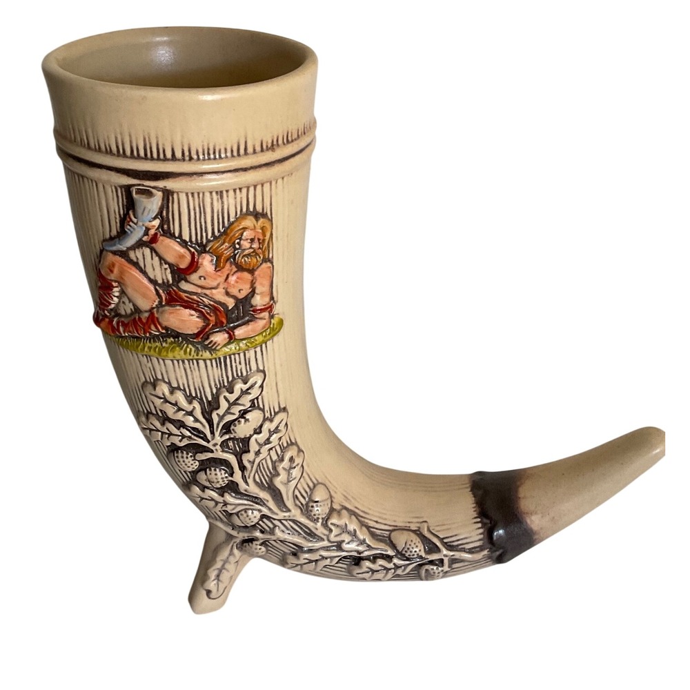 Vintage Gerz Germany Ceramic Drinking Horn Viking Barbarian Relief Stein
